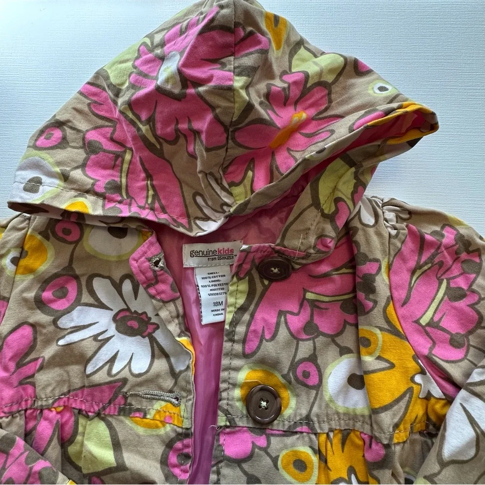 Oshkosh pink yellow floral print lined hooded button‎ jacket toddler girls 18 mo